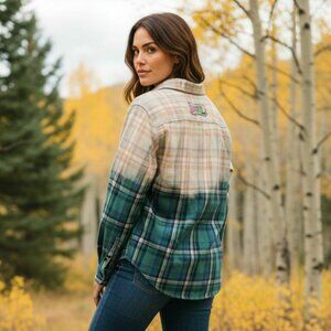 Womens Upcycled Distressed Flannel with "Wicked" Embroidered Patch Medium